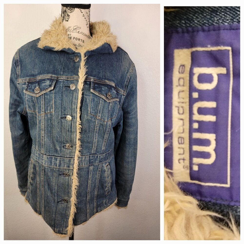 Vintage Y2K Bum Equipment Denim Jean Jacket Faux Sherpa Lined Size Medium
